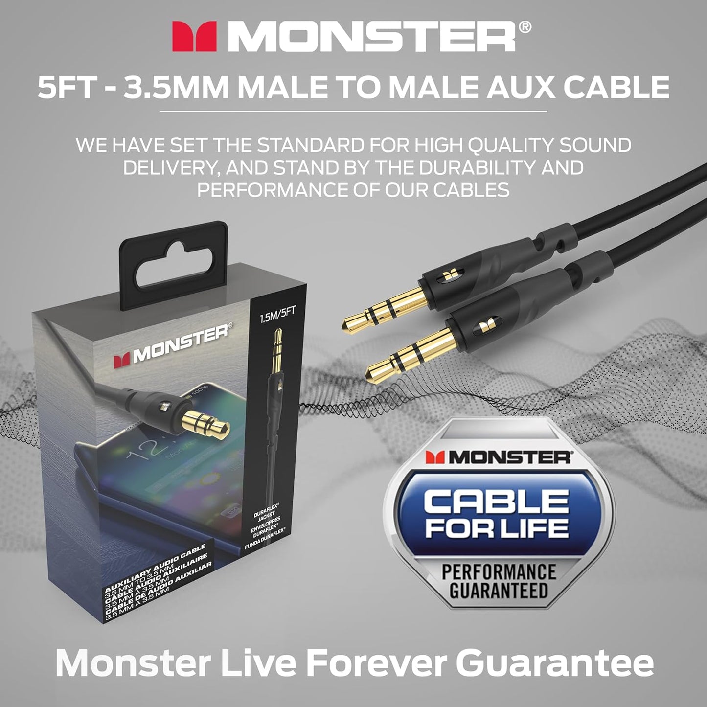 Monster Gen1 Essentials Mini-na-Mini Interconnect Oudiokabel 3.5mm Manlik na Manlik, 5VT Aux-kabel met Duraflex-omhulsel, Premium Goudgeplateerde Koontakte, Kabel vir Motor, Huis, Stereo