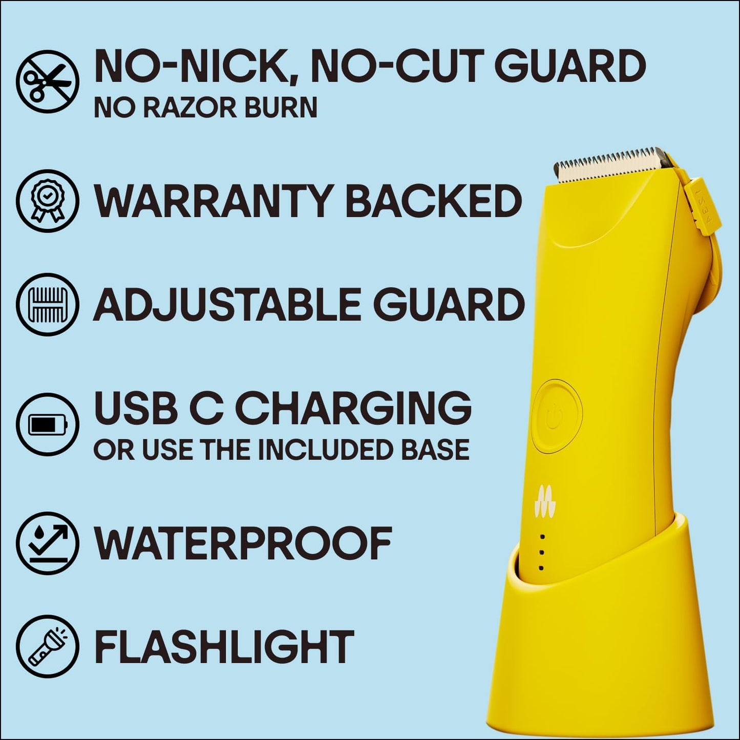 MERIDIAN Trimmer Plus Body Hair Manscaping for Mean & Women, Adjustable Guard, USB C Charging, Flash Light, Travel Lock, Charging Dock, Bikini Grooming - Solar