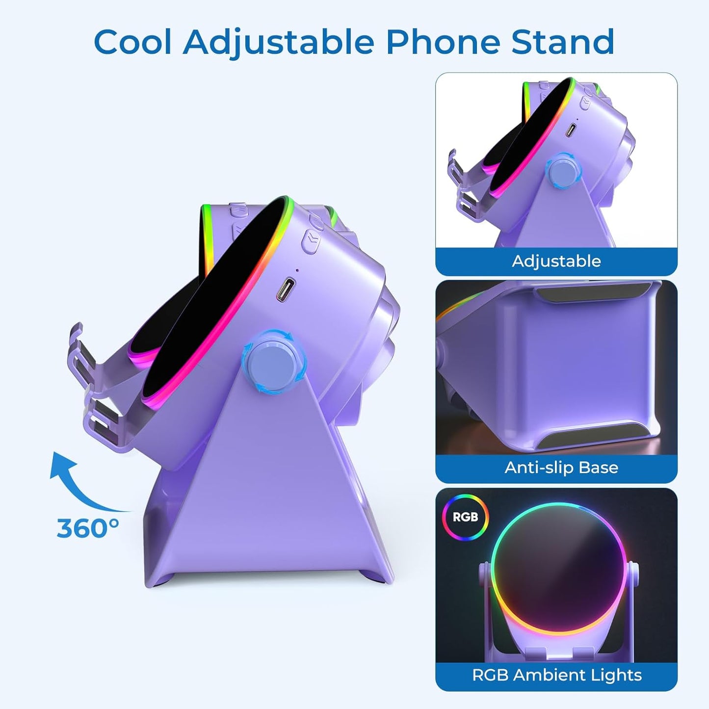 Wireless Induction Audio Bluetooth Speaker, 4 in 1 Phone Stand Speakers Amplifier with Colorful Ambient Light,360° Adjustable Holder- Purple