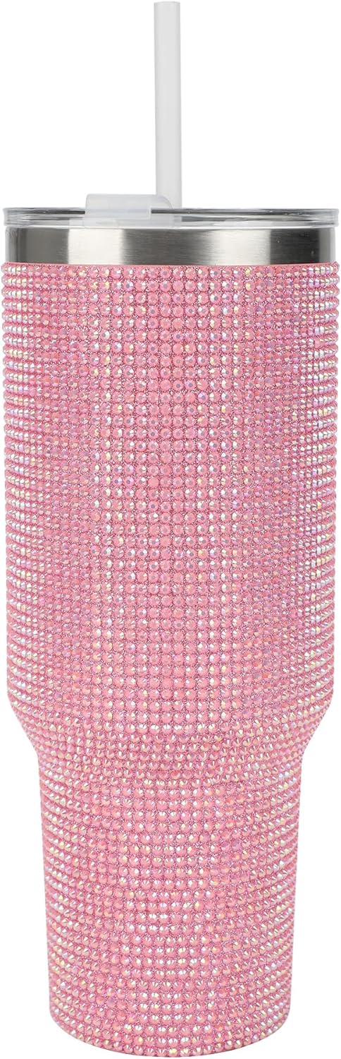 Insulated Stainless Steel Tumbler w/ Reusable Straw & Leak-Proof Lid Easy Carry Handle 40oz (Pink Rhinestones)