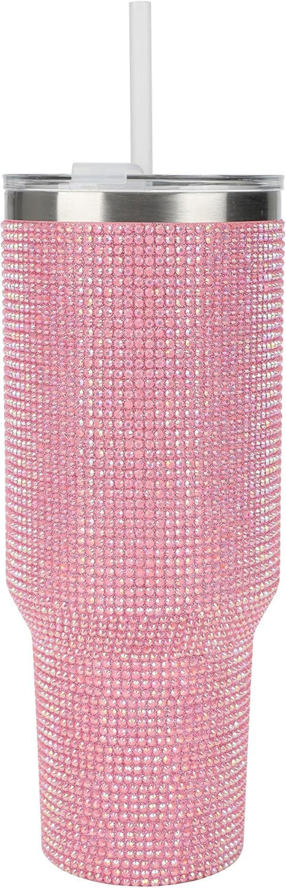 Insulated Stainless Steel Tumbler w/ Reusable Straw & Leak-Proof Lid Easy Carry Handle 40oz (Pink Rhinestones)