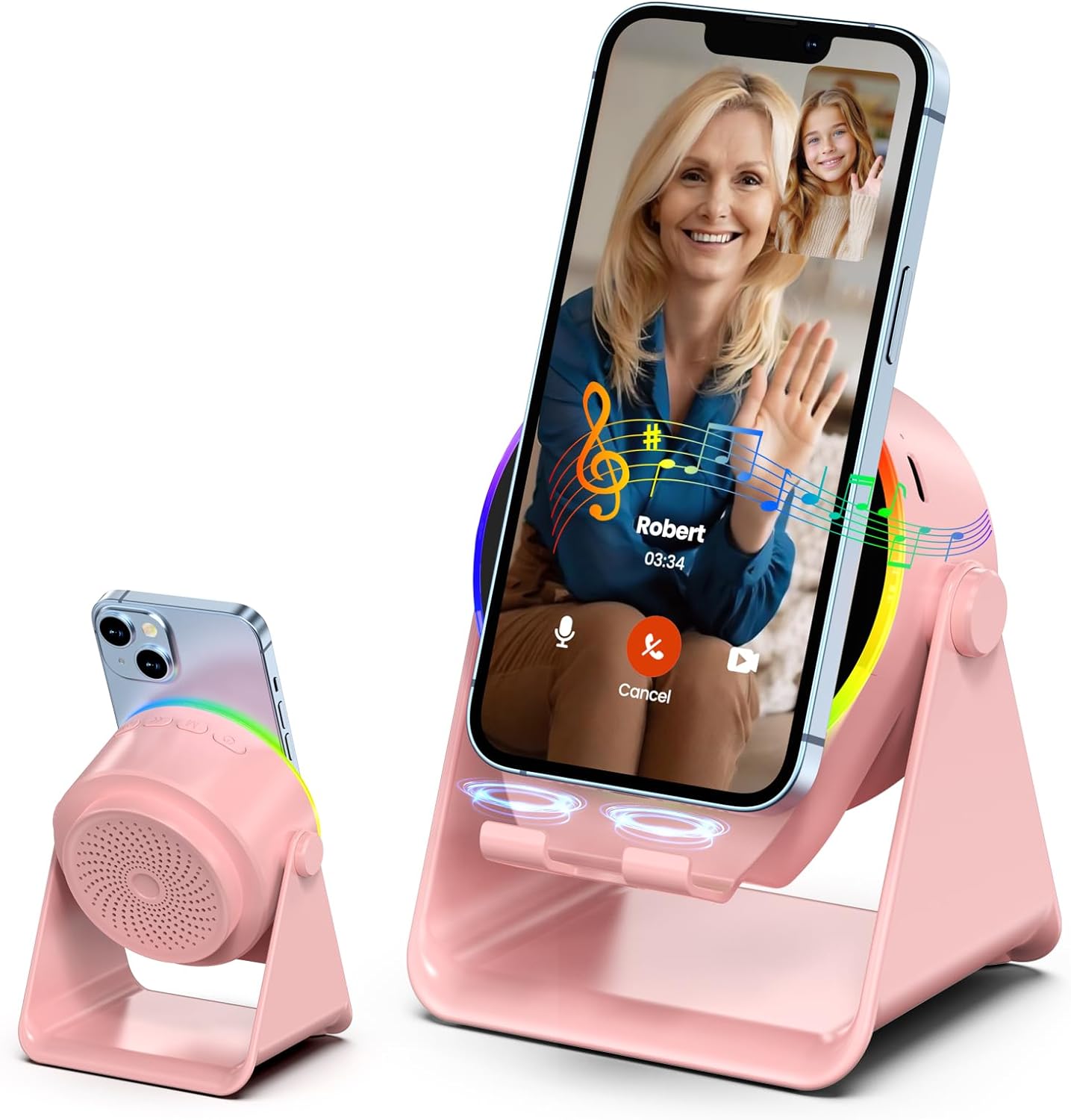 Wireless Induction Audio Bluetooth Speaker, 4 in 1 Phone Stand Speakers Amplifier with Colorful Ambient Light,360° Adjustable Holder - Pink