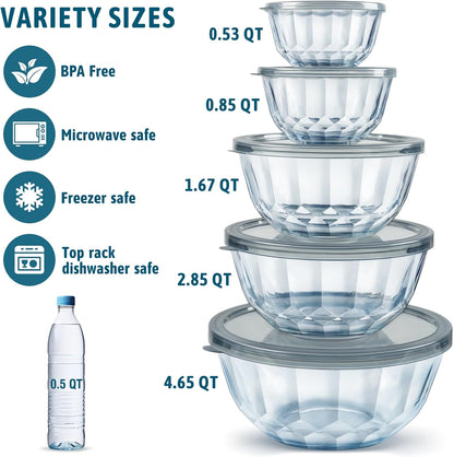 Glasmengbakke met Dekselstelle, 5-stukke Dik Glas-inmekaarpasbakke vir Kombuisbak, Maaltydvoorbereiding, BPA-vry, Skottelgoedwasser Veilig, 0.5/0.8/1.6/2.7/4.4 Qt