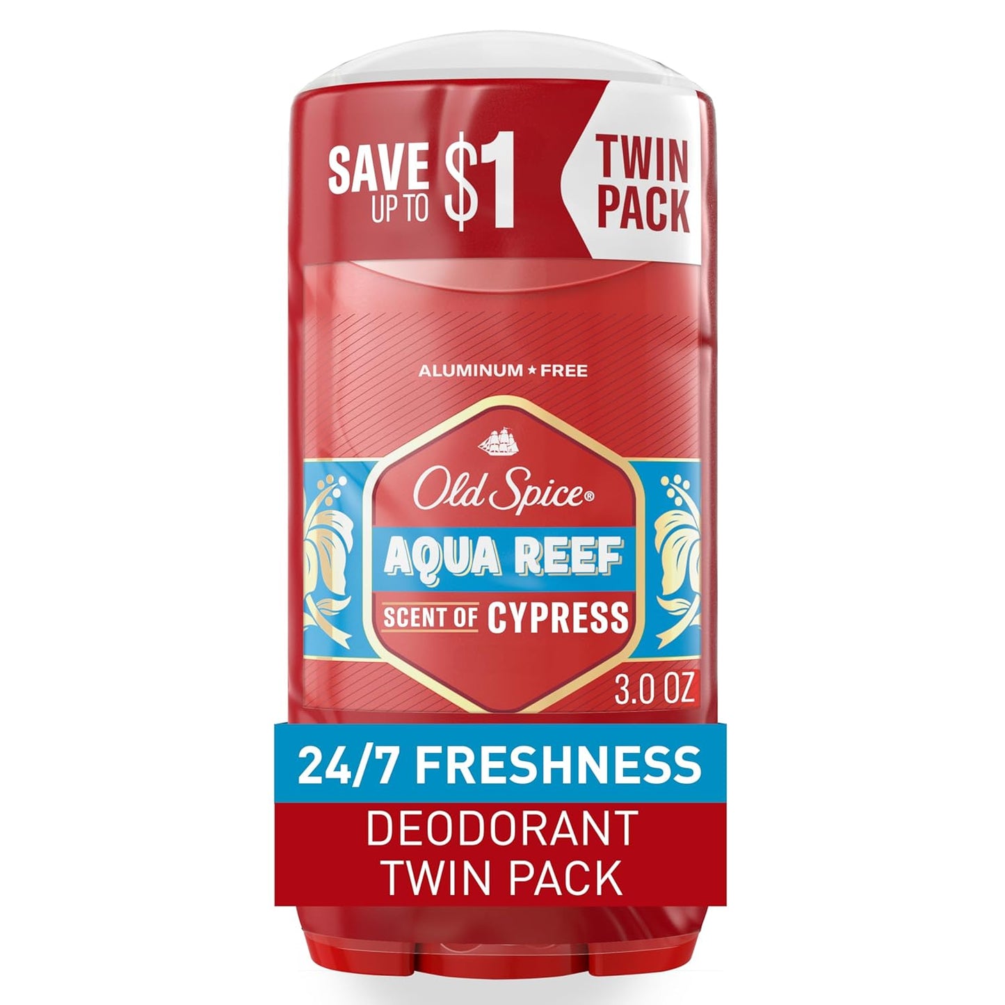 Old Spice Aluminum Free Deodorant for Men, 24/7 Odor Protection, 24/7 Freshness & Lasting Scent - Aqua Reef (Pack of 2)