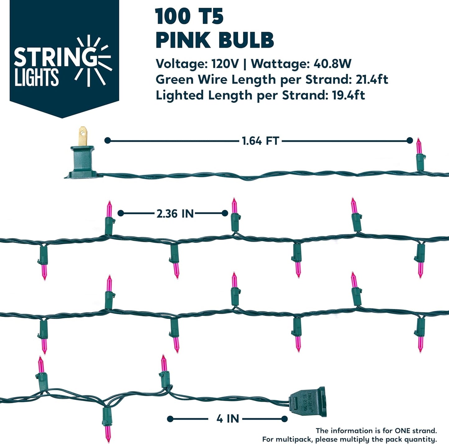 Pink Christmas Lights,42.8FT / 200 Count String Lights - Green Wire for Decorations
