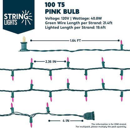 Pienk Kersliggies, 42.8FT / 200 Tel Stringliggies - Groen Draad vir Versierings