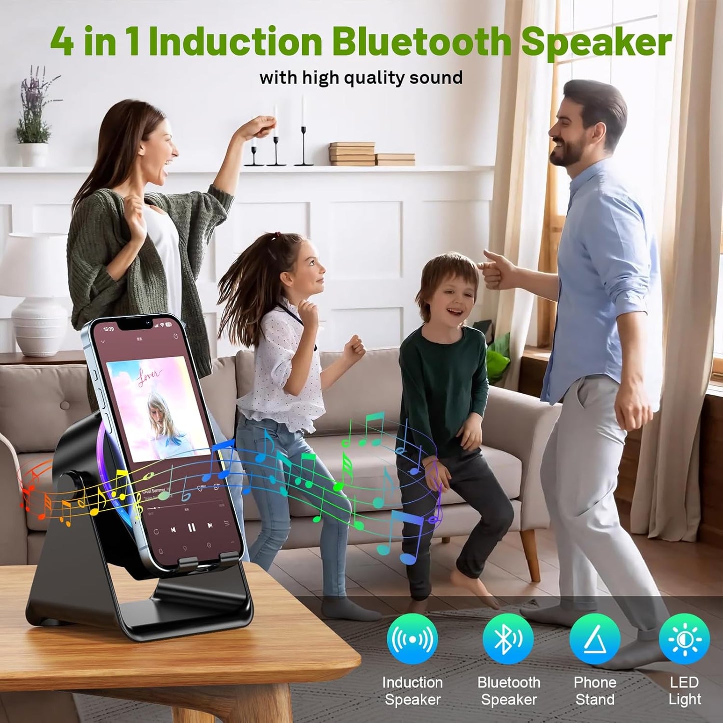 Wireless Induction Audio Bluetooth Speaker, 4 in 1 Phone Stand Speakers Amplifier with Colorful Ambient Light,360° Adjustable Holder - Black