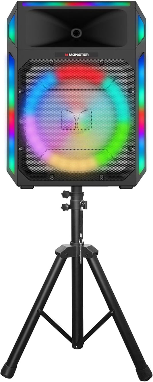 Monster X6 Alles-in-Een Bluetooth Luidsprekerstelsel, Partytjieluidspreker, PA | 600W Krag, 15" Sub | Maatslaggesinchroniseerde LED-ligte, Alleterreine wiele, TWS-paring, Toepbeheer | Sluit Verstelbare Driepoot en Mikrofoon in