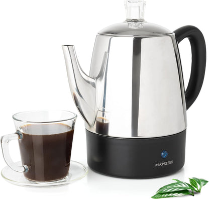 Mixpresso Klein Perkolator Koffiepot Elektries 4 Koppies, Vlekvrye Staal Koffiemaker, Koffieperkolator Elektries Met Warmhou-funksie, 4 Koppies Vlekvrye Staal Perkolator Met Mandjie