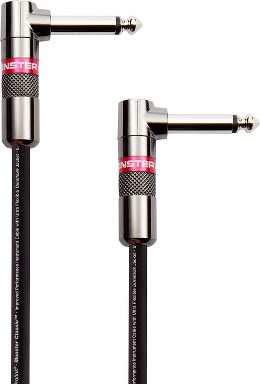 Monster Prolink Classic Instrument kitaarkabel - 8 duim regtehoek-na-regtehoek-instrumentkabel. Alle metaal- en Duraflex-buiteomhulsel. 90% kopergevlegte afskerming Monster instrumentkabel.