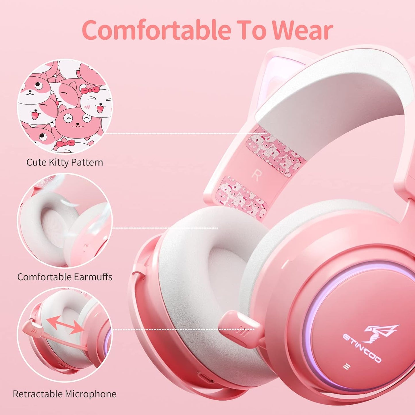 Wireless Cat Ear Headphones Gaming Headset Bluetooth 5.0 for Smartphone Retractable Mic 50mm Drivers RGB Lighting Headset with Mic (USB Dongle Not Included) - (PINK)