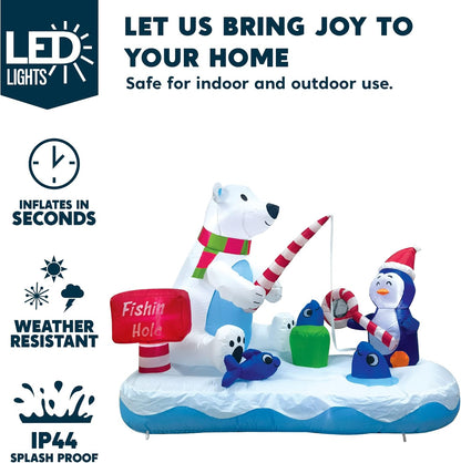 (6FT) Long Christmas Inflatable Penguin & Polar Bear Decoration, Blow Up Yard Fishing Hole Sign w/ Build-in LEDs Decorations