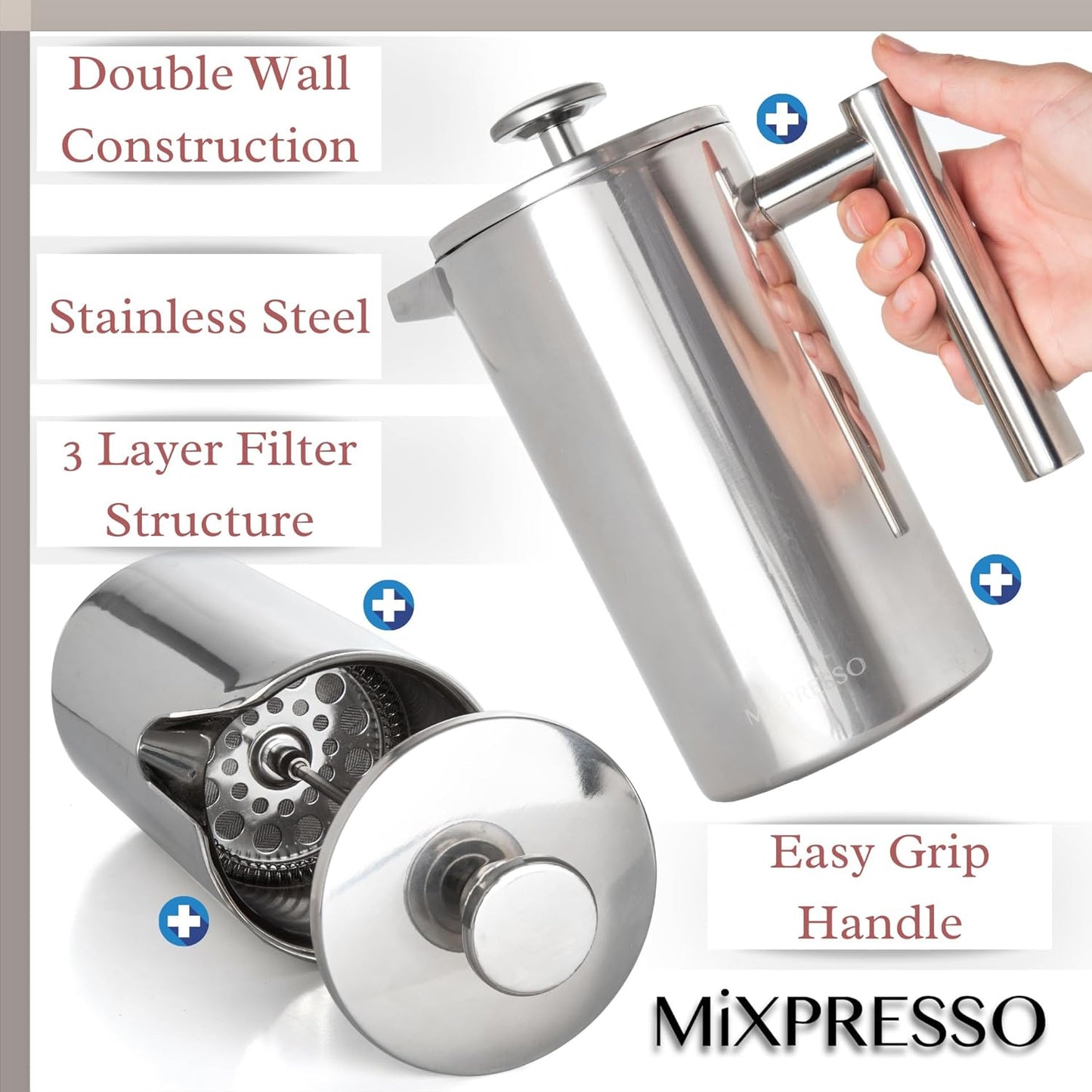 Mixpresso Vlekvrye Staal Franse Pers Koffiemaker 800ml (27 Oz), Dubbelwandige Geïsoleerde Franse Pers Vlekvrye Staal, Ingeboude Termometer, Maklik Skoonmaak Tee Brouer, Maklik Drukbare Duursame Metaal Koffiepers