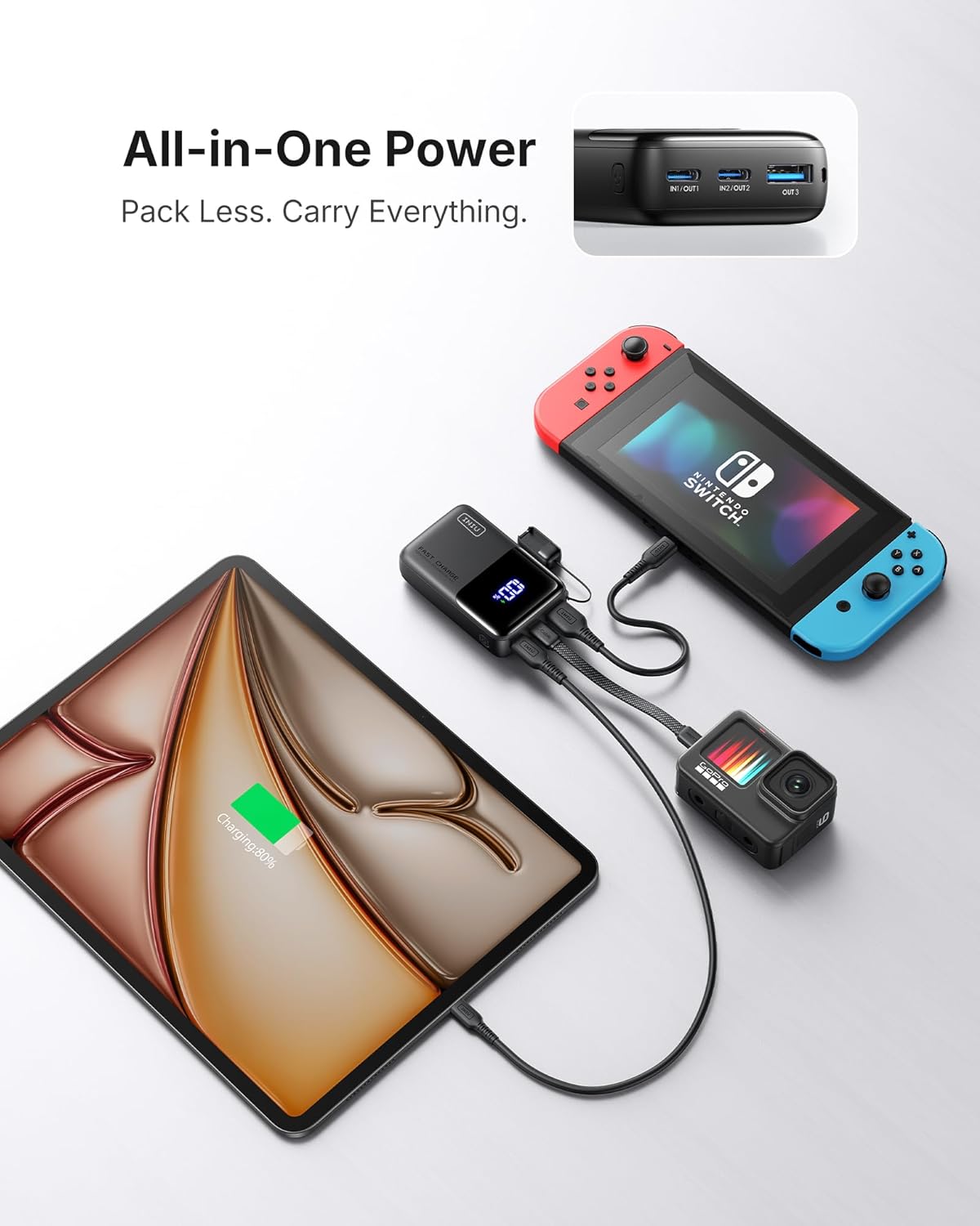 INIU 10000mAh 45W Ultra Mini Portable Charger Power Bank with Cable - (Black)