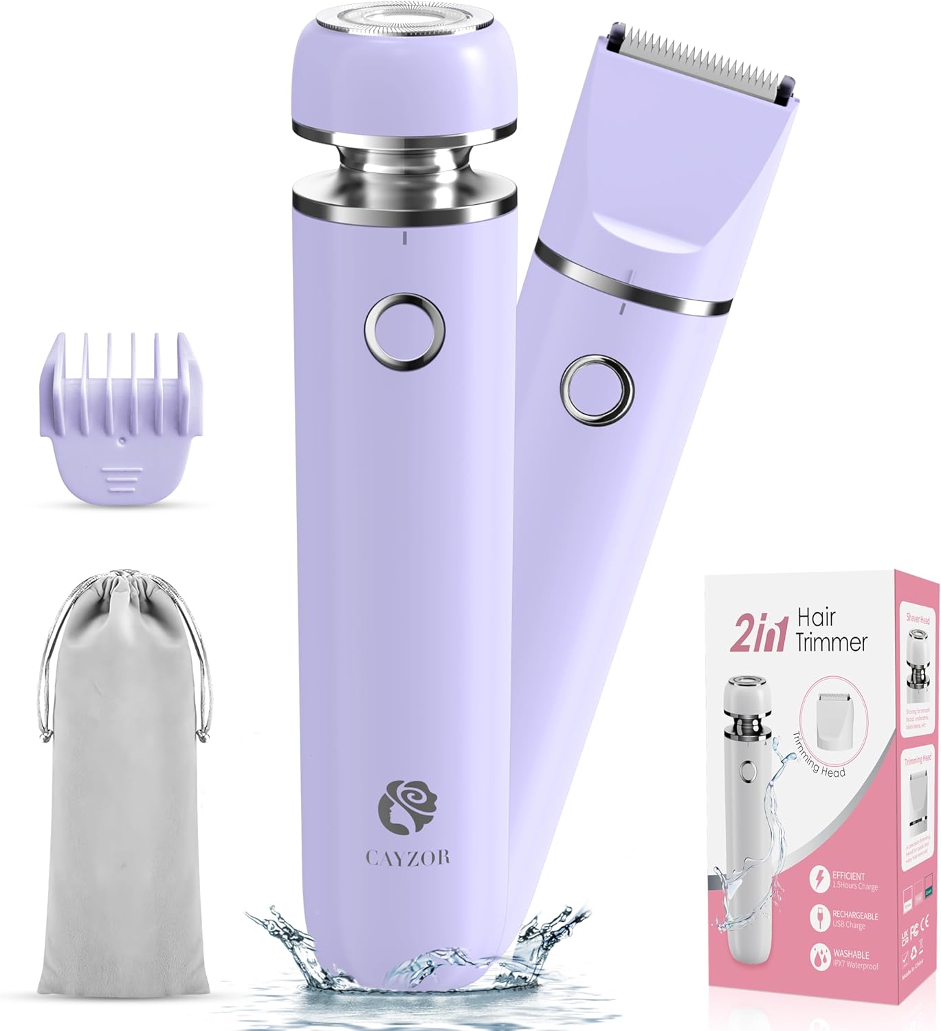 Bikini Trimmer and Shaver Kit - 2-in-1 Wet/Dry Electric Body Hair Trimmer Facial Hair Removal Cordless Waterproof (Purple)