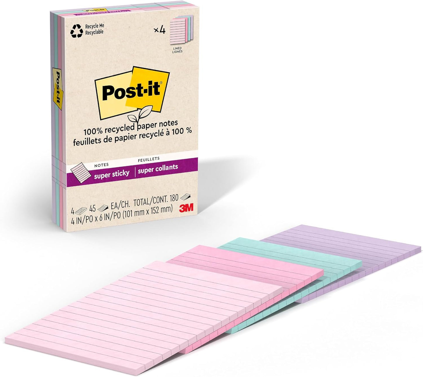 Post-it Super Sticky Notes, Lined, 4 in. x 6 in., 4 Pads, 45 Sheets per Pad, Wanderlust Pastels - (Pack of 2)