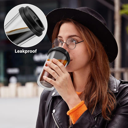 Freshmage Dubbelwand Glas Koffiebekers met Silikoon Deksele, 350 ml Geïsoleerde Drinkkoffiekoppies met Deksele, Skottelgoedwasser-veilige Herbruikbare Glas Yskoffiekoppies vir Oggendkoffie, Warm of Koue Drank
