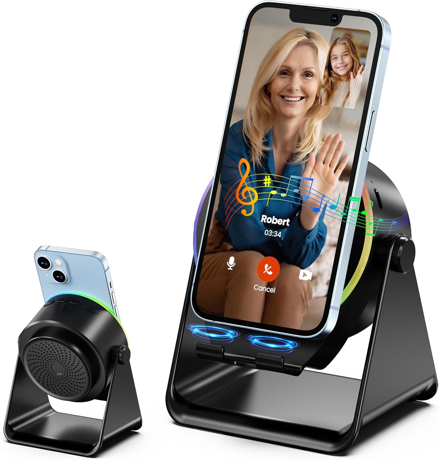 Wireless Induction Audio Bluetooth Speaker, 4 in 1 Phone Stand Speakers Amplifier with Colorful Ambient Light,360° Adjustable Holder - Black