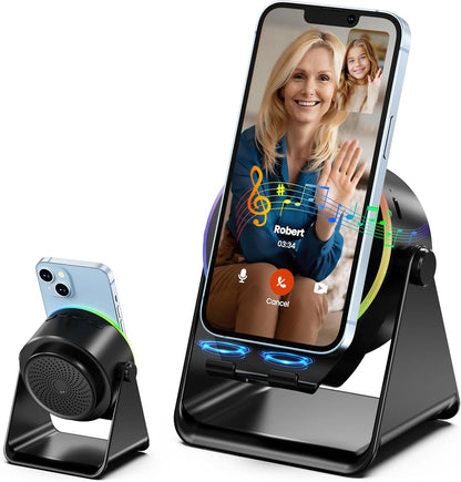 Wireless Induction Audio Bluetooth Speaker, 4 in 1 Phone Stand Speakers Amplifier with Colorful Ambient Light,360° Adjustable Holder - Black