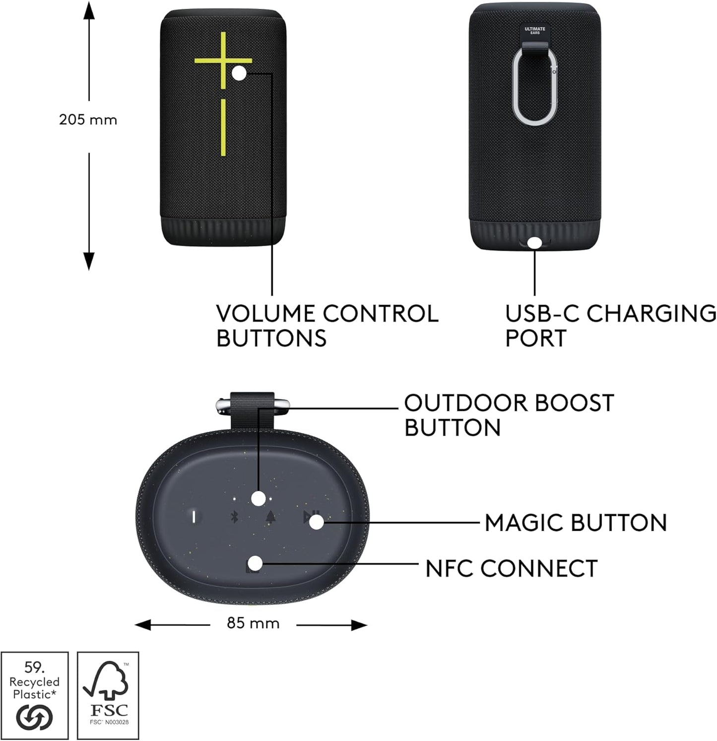 Ultimate Ears EVERBOOM Wireless Bluetooth Portable Speaker, Big Bass and Immersive 360-Degree Sound, Floatable Waterproof Speaker IP67, up to 20-Hour Battery and 180 ft (55 m) Range - Charcoal Black