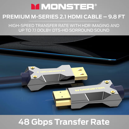 Monster M-Series 3000 Gesertifiseerde Premium 8K Hoëspoed HDMI-kabel - 2.1, 4K 120Hz HDMI-kabel, 48 Gbps - HDMI-kabels vir Apple TV, Roku, Smart TV, Skootrekenaar, Monitor - 9.8 vt