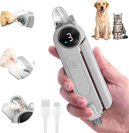 2-in-1 Stil Elektriese Troeteldier Naelskêr/Slyper met Lig vir Honde Katte Dubbele LED-ligte, 3-spoed slyper, Spatweerkaatser vir naelknip, Tipe-C Herlaaibaar - (Grys)