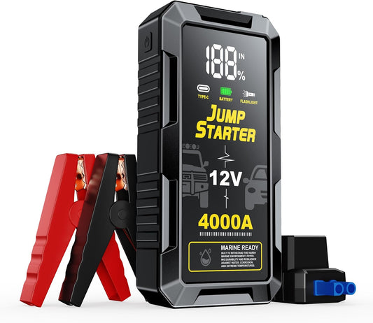 Motorbattery-aansitter met 4000A Piek Slim Klem LCD-skerm en 3 Modes Flitslig vir Tot Alle Petrol en 10.0L Diesel Enjin 12V Motorbattery-aansitterkabels Draagbare Litium-aansitterboks