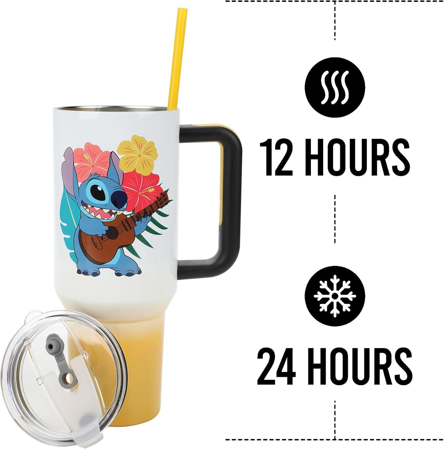 Insulated Stainless Steel Tumbler w/ Reusable Straw & Leak-Proof Lid Easy Carry Handle 40oz (Stitch)