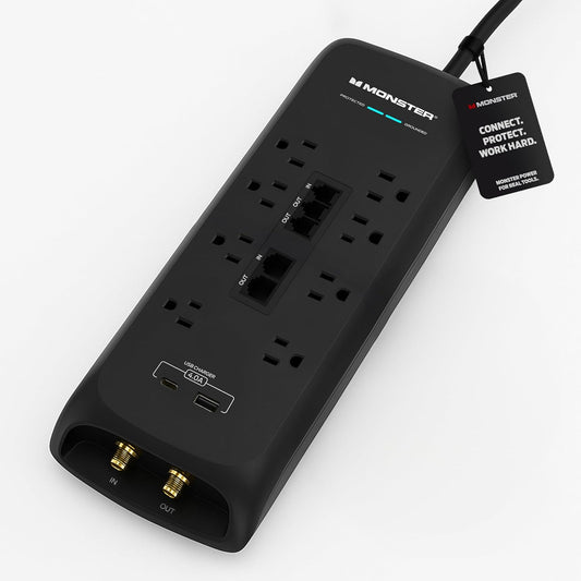 Monster Kragstuiterbeskermer met 4 050 Joule-gradering — Swaar werkende kragstroke met stuiterbeskerming, 8 afsetpunte, USB-A en USB-C, 2 koaksiale, 5 Ethernet-poorte, brandvaste MOV, dubbelmodus (6FT koord, swart)