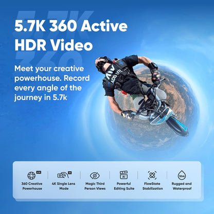 Insta360 X3 Motorcycle Bundle - Waterproof 360 Camera with 1/2" 48MP Sensors, 5.7K 360 Active HDR Video, 72MP 360 Photo, 4K Single-Lens, 60fps Me Mode, Stabilization