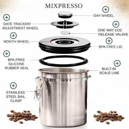 Mixpresso 16 Oz Koffiekanister met Lepel, Roesvrye Staal Lugdigte Koffiehouer, Lugdigte Fles Teebergplek met Datumspoorder, Vakuumverseëlde Espresso Lugdigte Kanister, Suikerhouer vir Huis