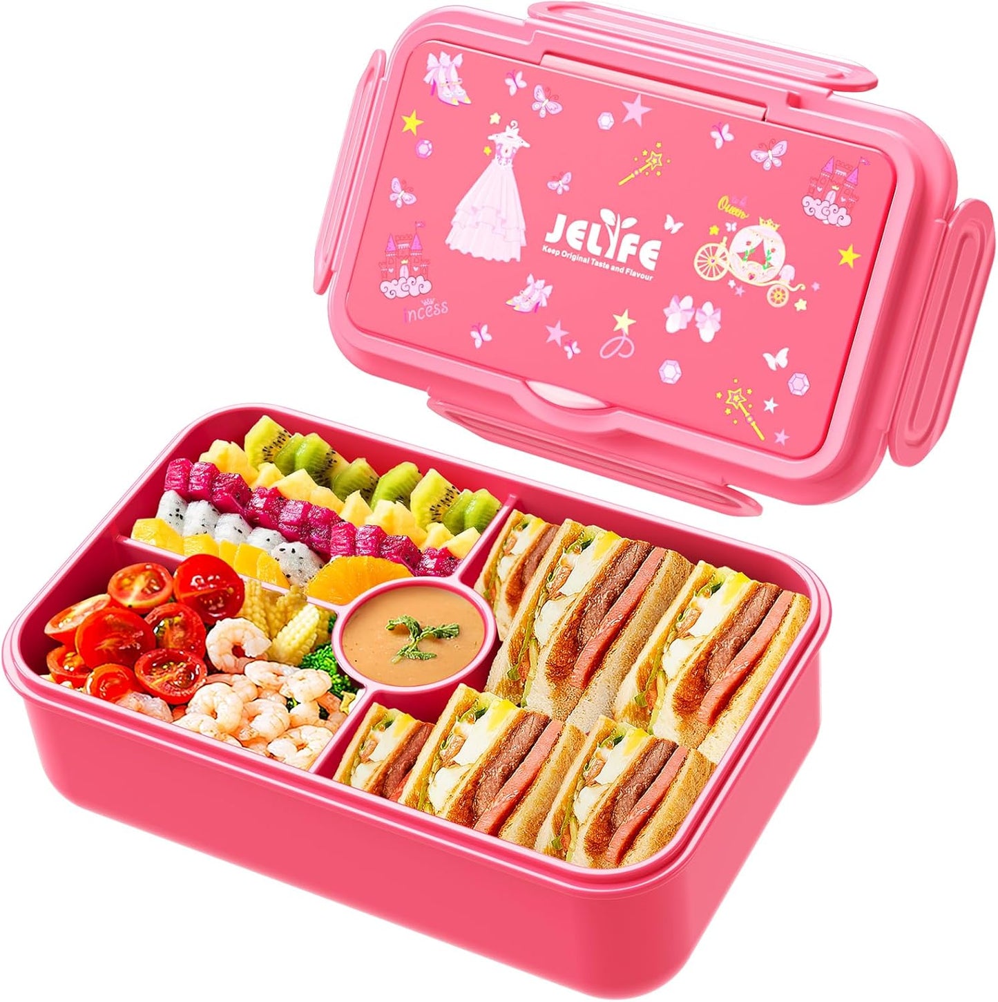 Bento Box - Leak-Proof, 4-Compartments Large Bento-Style Kids Lunch Box w/ Tableware - Princess