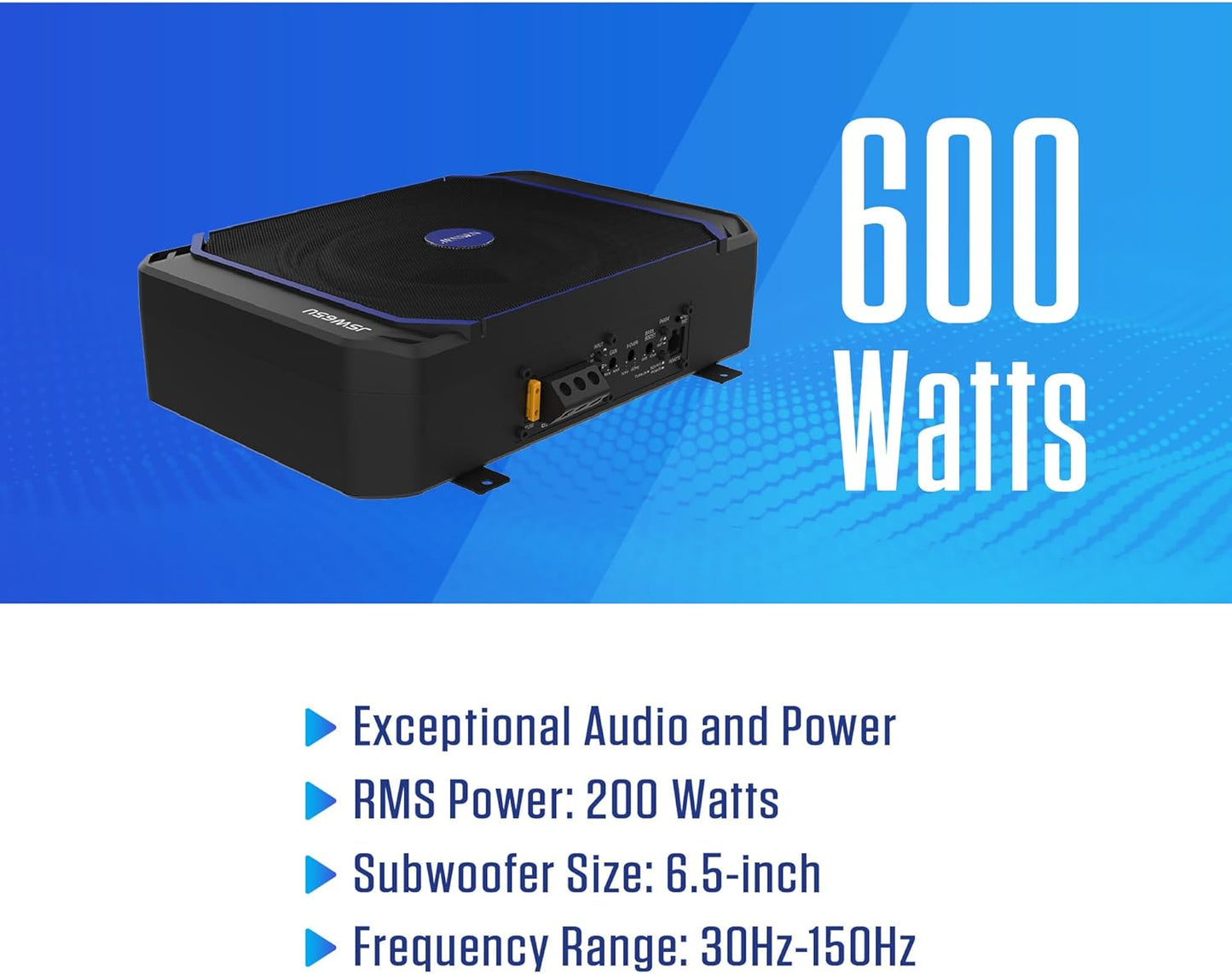 JSW65U Powerful 600W 6.5 Inches Compact UnderSeat Amplified Subwoofer Class D Design for Efficient Power Usage | Remote Bass Control