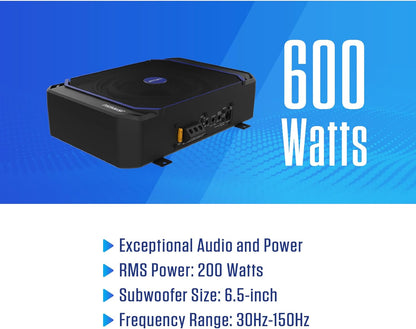 JSW65U Powerful 600W 6.5 Inches Compact UnderSeat Amplified Subwoofer Class D Design for Efficient Power Usage | Remote Bass Control