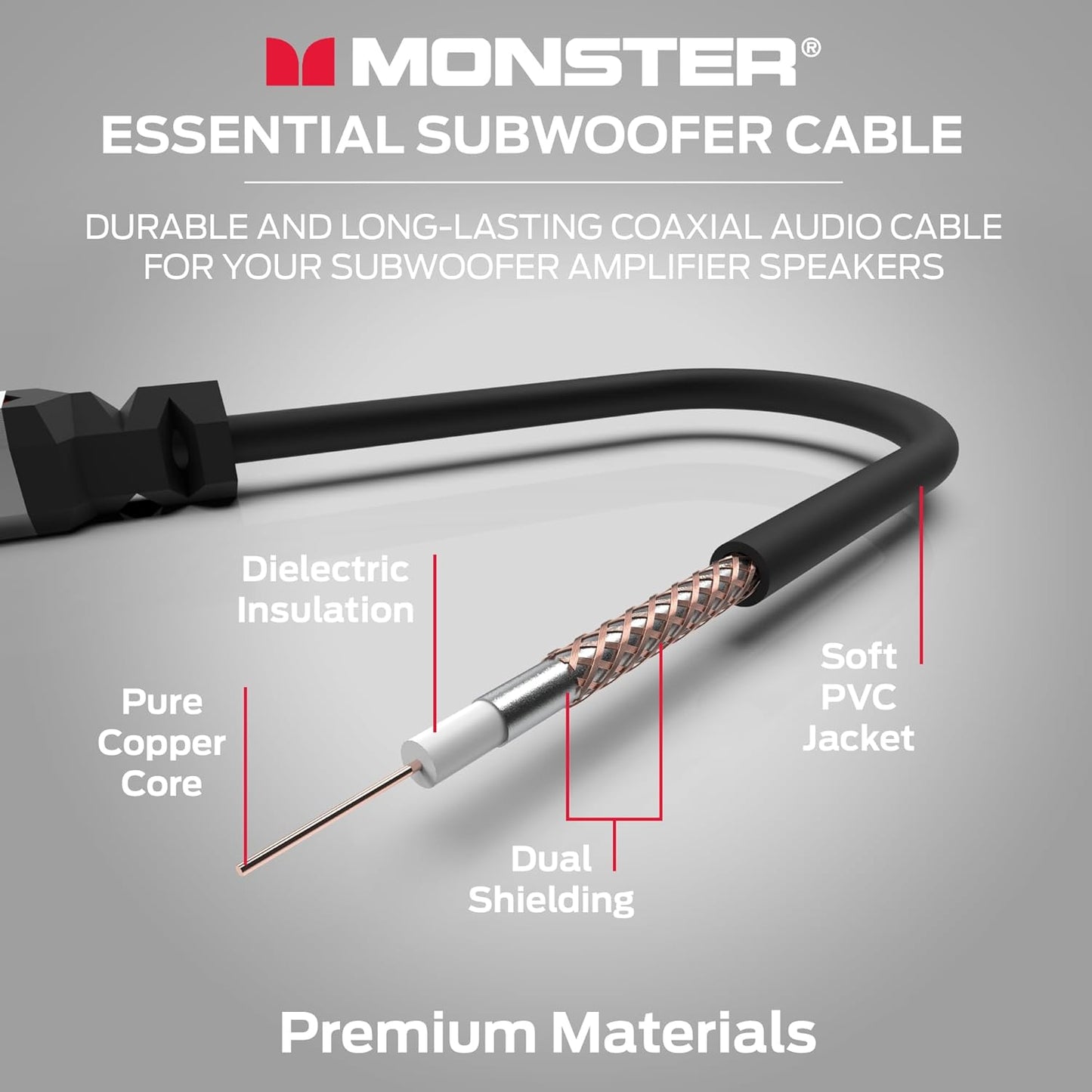 Monster Essentials Premium Subwooferkabelkonnektor vir Tuisflieks en Motors, RCA Subwoofer Oudiokabel, 13.1vt