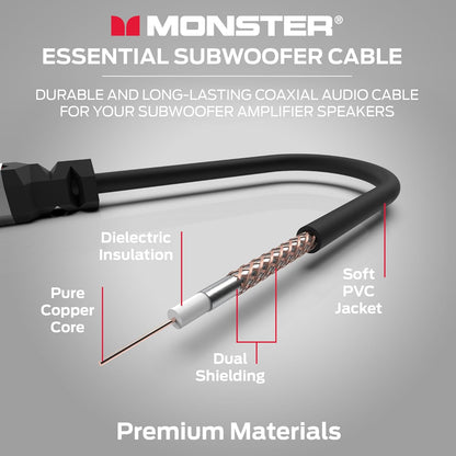 Monster Essentials Premium Subwooferkabelkonnektor vir Tuisflieks en Motors, RCA Subwoofer Oudiokabel, 13.1vt