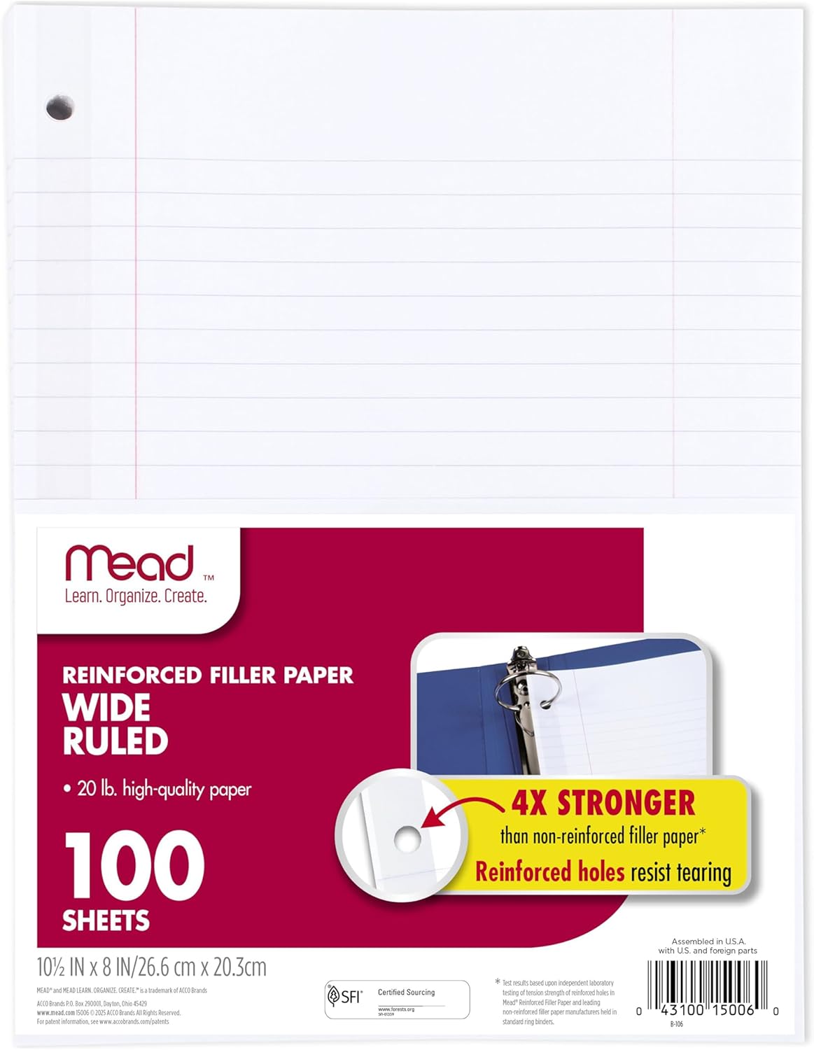 Mead Loose Leaf Paper, Wide Ruled Filler Notebook Paper, Reinforced, 8" x 10-1/2", 100 Sheets, Fits 3-Ring Binder (Pack of 2)