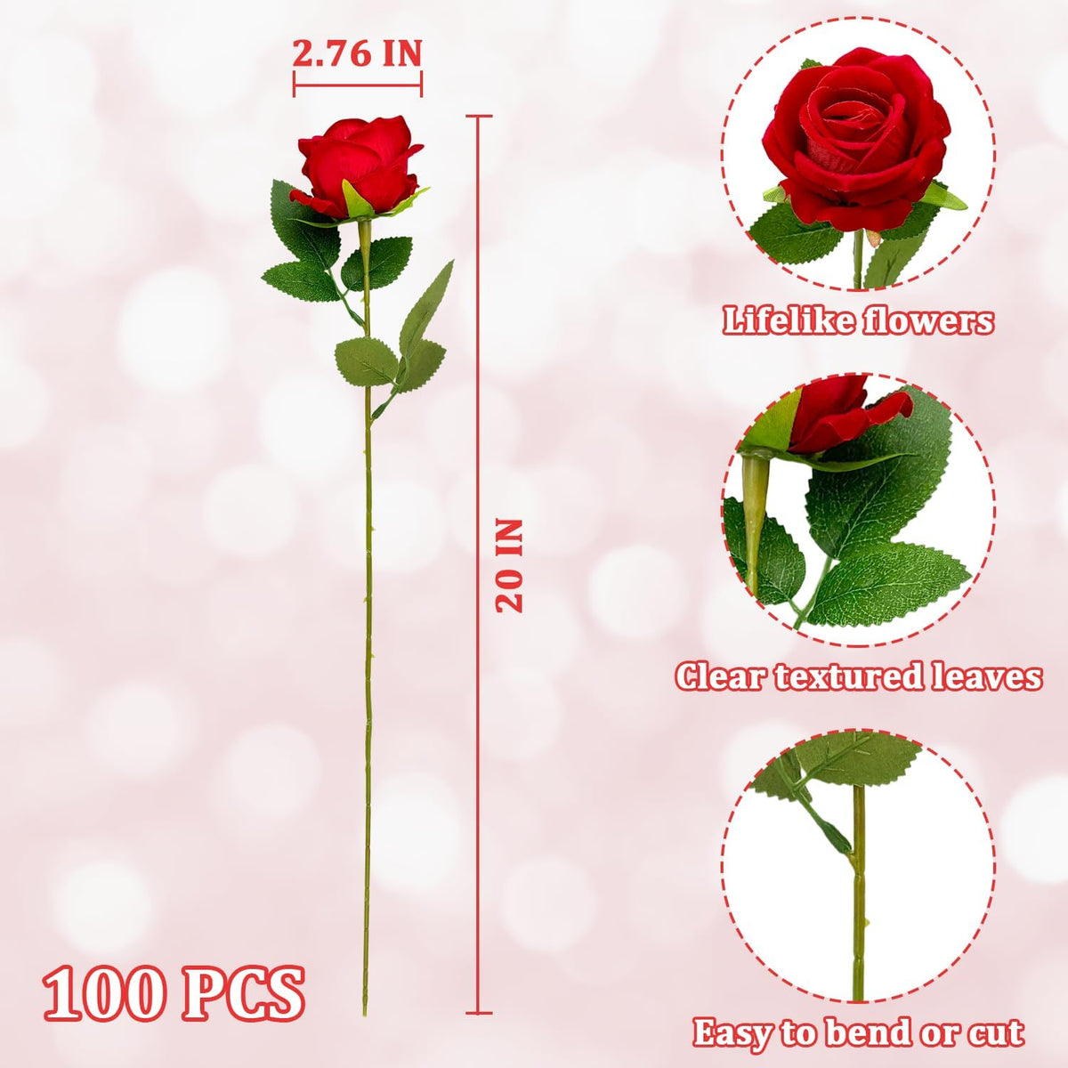 100 PCS Bulk Artificial Flowers,Fake Velvet Silk Red Roses with Long Stems