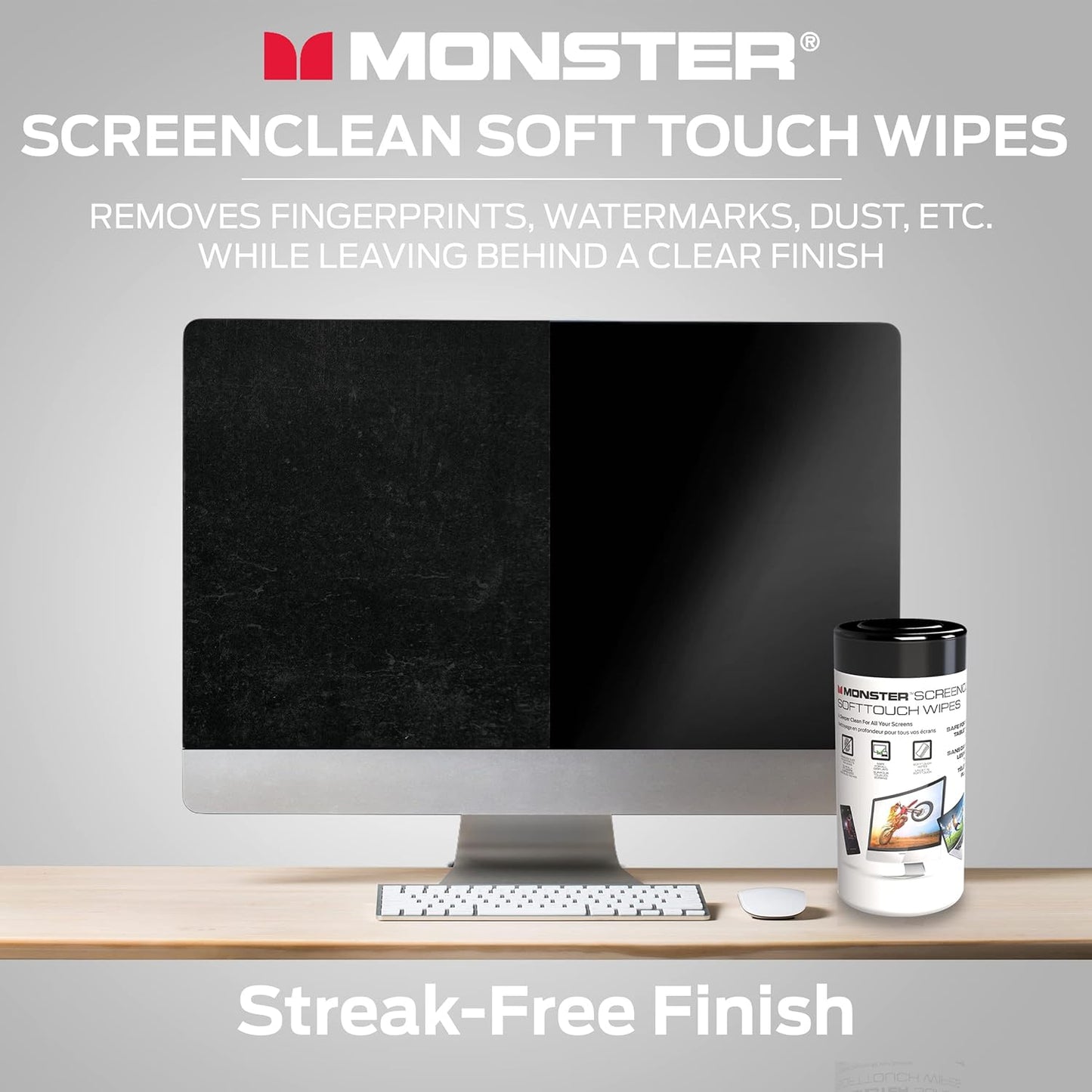 Monster ScreenClean Soft Touch Wipes, Screen Cleaner Wipes for Computer Screens, TV, Phones, Tablets, and Car Touch Screens, Home Office, 70 Count