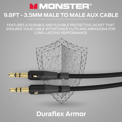 Monster Gen1 Essentials Mini-na-Mini Interconnect Oudiokabel 3.5mm Manlik na Manlik, 9.8FT Aux-kabel met Duraflex-omhulsel, Premium Vergulde Koppelaars, Kabel vir motor, huis, stereo