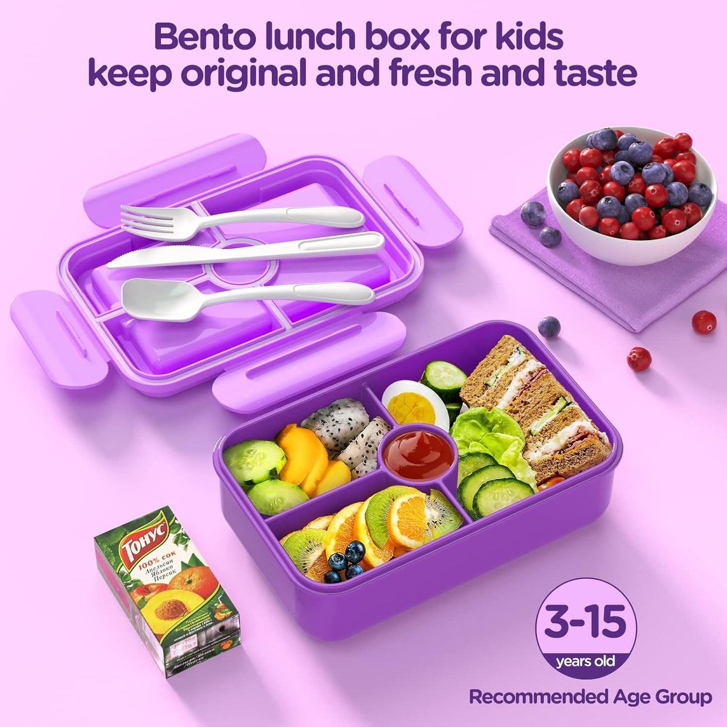 Lunch Box Kids Bento Box - Leakproof 4 Compartments Food Containers w Utensils - Purple