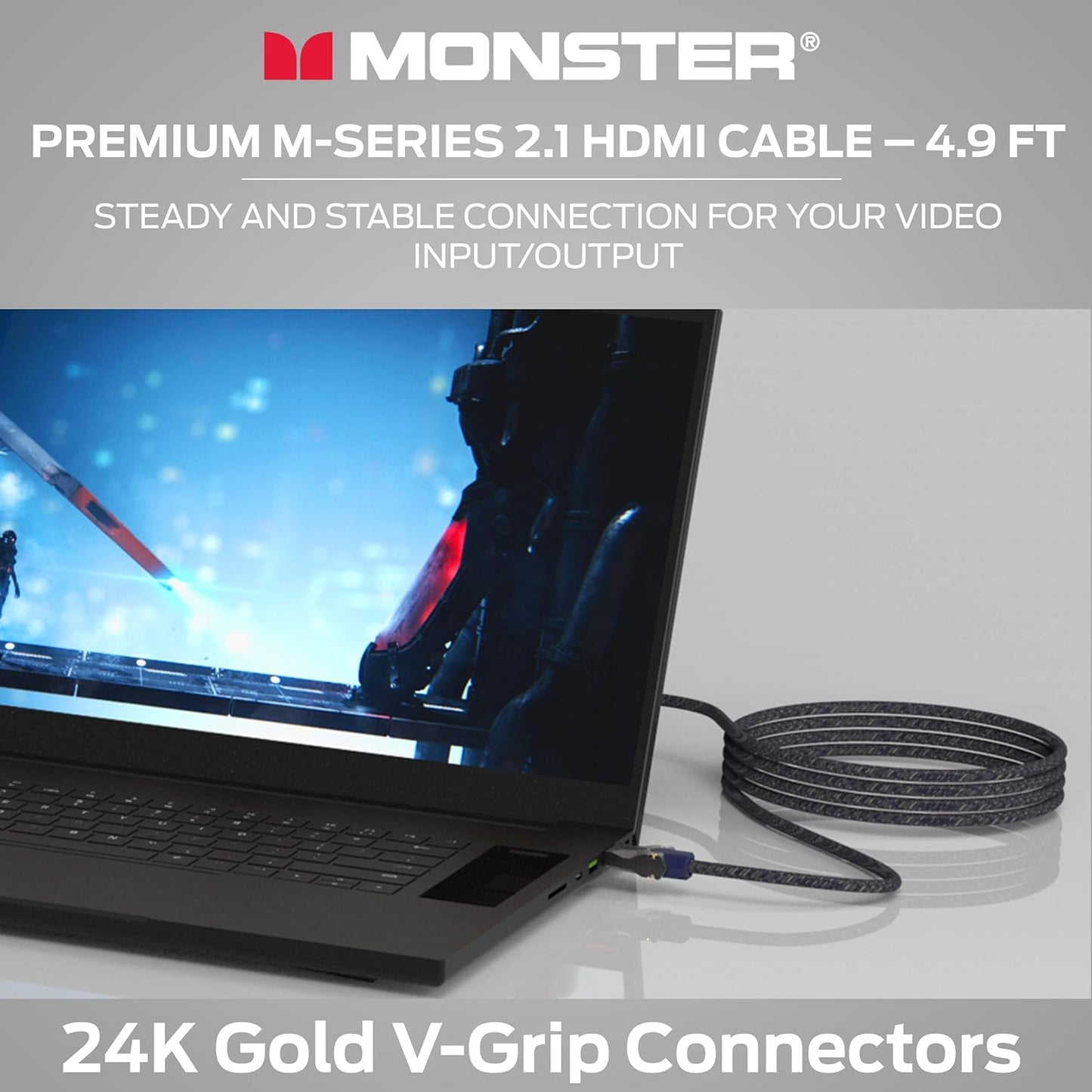 Monster M-reeks 3000 Gesertifiseerde Premium 8K Hoëspoed - 2.1, 4K 120Hz, 48 Gbps- HDMI Kabels vir Apple TV, Roku, Slim TV, Skootrekenaar, Monitor - 4.9 vt