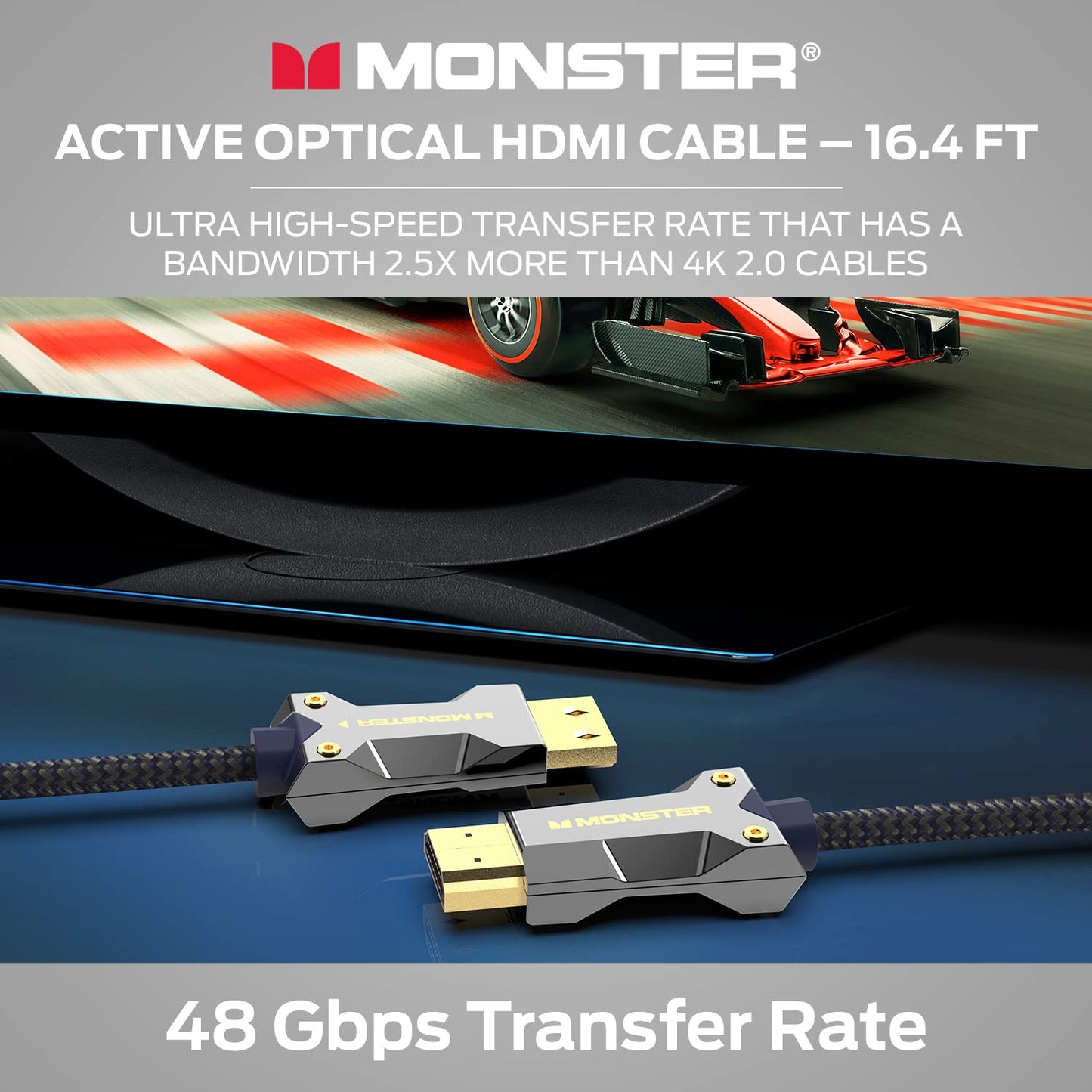 Monster M-reeks Aktiewe Optiese Kabel Lightwave Gesertifiseerde Premium HDMI 2.1-48 Gbps Kabel met Aluminium Ekstrusie Konnektor, V-Grip, Duraflex Beskermende Baadjie - Ondersteun 8K @ 60HZ, 4K @ 120HZ, 16.4 VT
