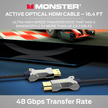 Monster M-reeks Aktiewe Optiese Kabel Lightwave Gesertifiseerde Premium HDMI 2.1-48 Gbps Kabel met Aluminium Ekstrusie Konnektor, V-Grip, Duraflex Beskermende Baadjie - Ondersteun 8K @ 60HZ, 4K @ 120HZ, 16.4 VT