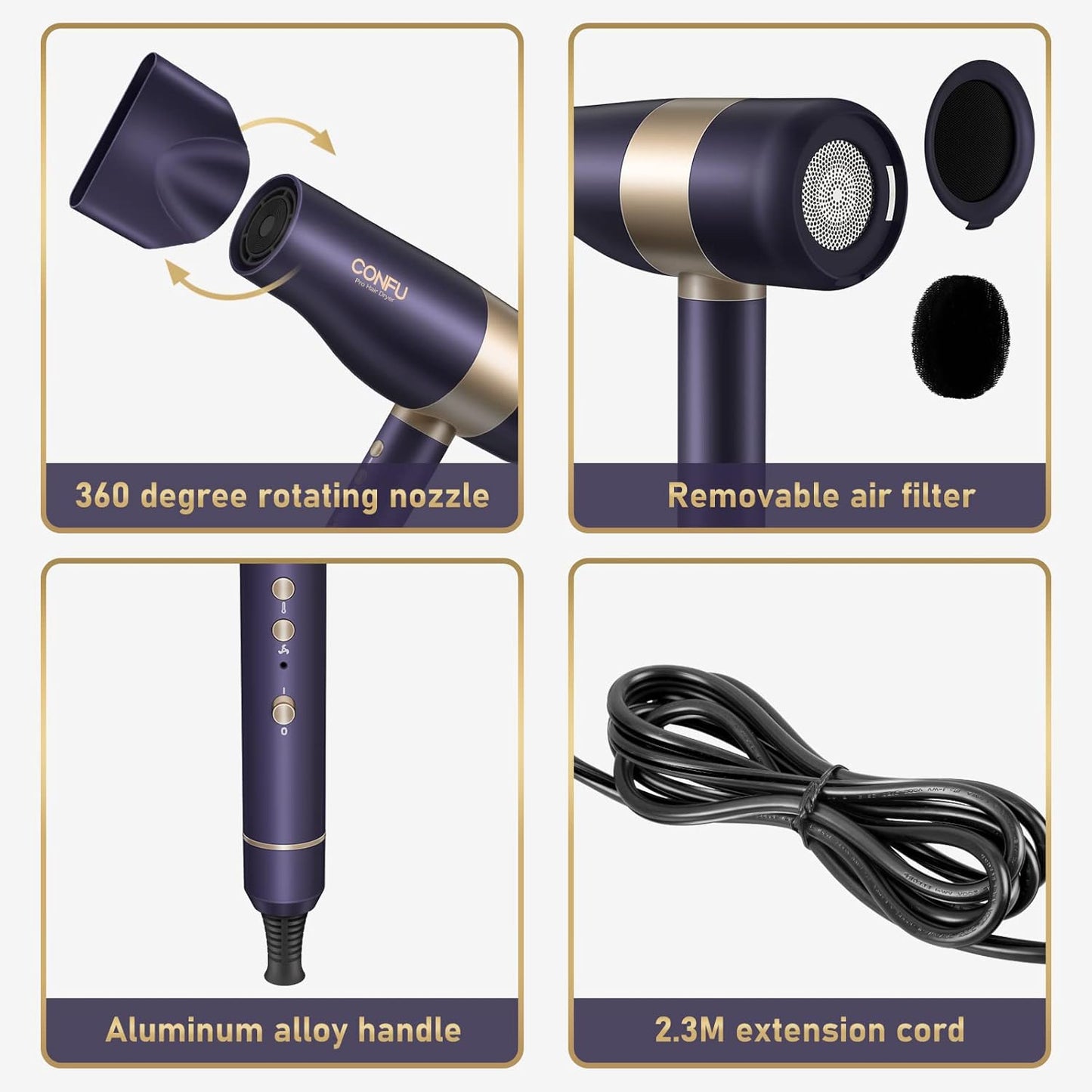 Haardroër, CONFU Blaser met Diffuser Negatiewe Ioniese Haardroër, 110000 RPM Hoë Professionele Haardroër vir Vinnige Droog, Lae Geraas Termobestuur Haardroër