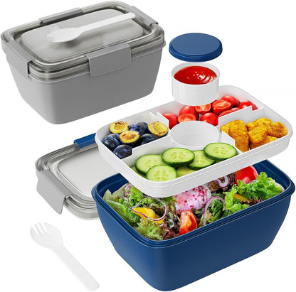Freshmage Slaai Middagetebouer Vir Onderweg, 2 Pakke 2 liter Groot Bakkies met 4 Kompartemente, Soushouer vir Bolaag, Happies, Mans, Vroue (Grys+Blou)