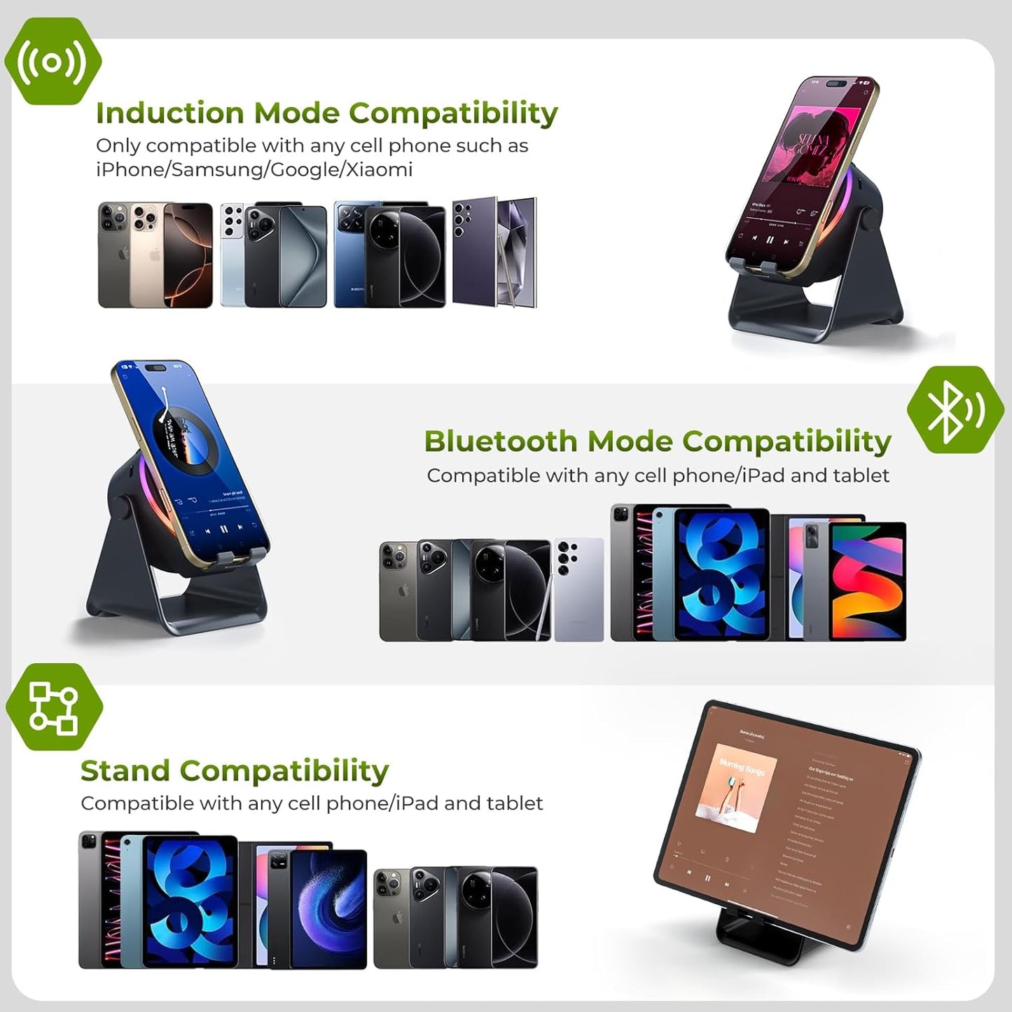Wireless Induction Audio Bluetooth Speaker, 4 in 1 Phone Stand Speakers Amplifier with Colorful Ambient Light,360° Adjustable Holder - Black