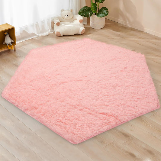 Monobeach Pienk Kindermat vir Kleuterskool Kinderkamer Dekor Ultrakoninklike Seshoek Mat vir Prinses Tent vir Meisies Baba Speelmat vir Vloer 55”x 47” (55”x 47”, Pienk Seshoek)