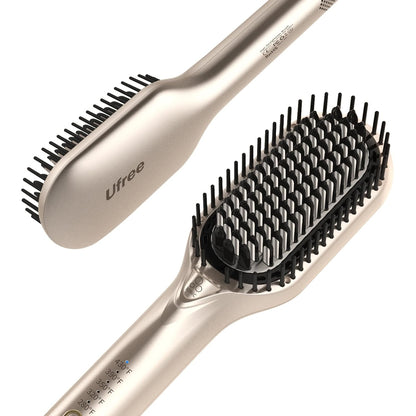 Upgraded Hair Straightener Brush, 5 Temps Straightening Brush with Ionic Tech, Cool Air System, Dense Bristles, Dual Voltage, Ceramic Hot Comb for Thick Curly Hair, Women Gifts