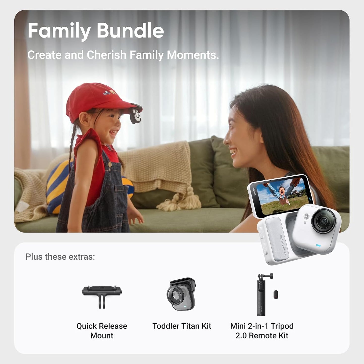 Insta360 GO Ultra Family Bundle - Small 4K Vlogging Camera, Hands-Free, POV Cam, 1/1.28" Sensor, 53g Lightweight, 156° FOV, 200 Min Battery Life, Magnetic Wearable Action Camera for Sports, Vlog